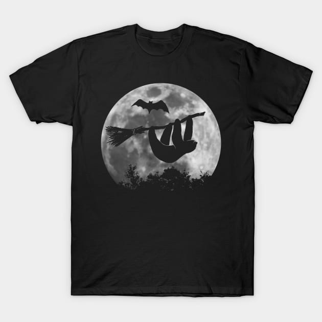 Sloth Silhouette On Broom | Full Moon Halloween Witch T-Shirt by SkizzenMonster